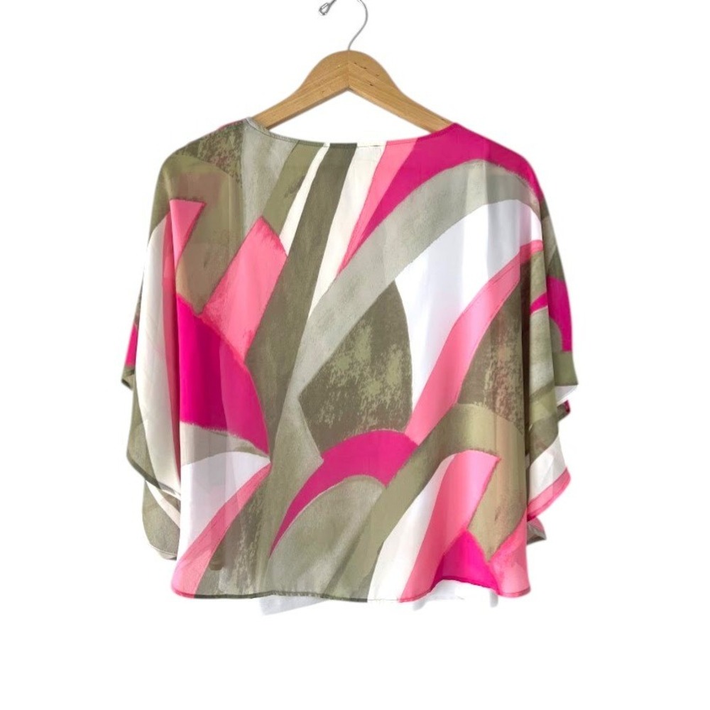 Chicos‎ Pink Olive Green Abstract Print Layered Poncho Tank Top Size 0 Small - Picture 2 of 8